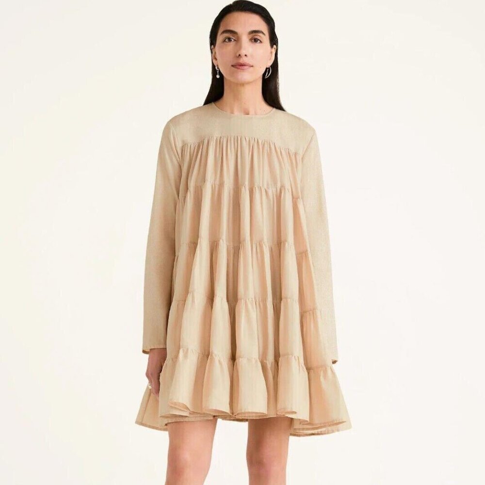 Merlette Soliman Mini Dress Beige Tiered Trapeze Long Sleeve Cotton XS 275013
